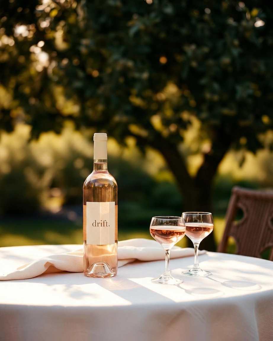 A bottle of drift. rosé and two glasses on a linen-covered garden table in late afternoon light