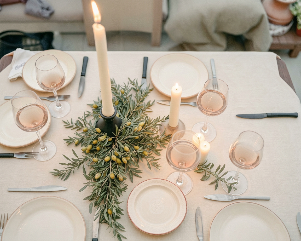 A candlelit dinner table with pale rosé wine glasses and olive branches
