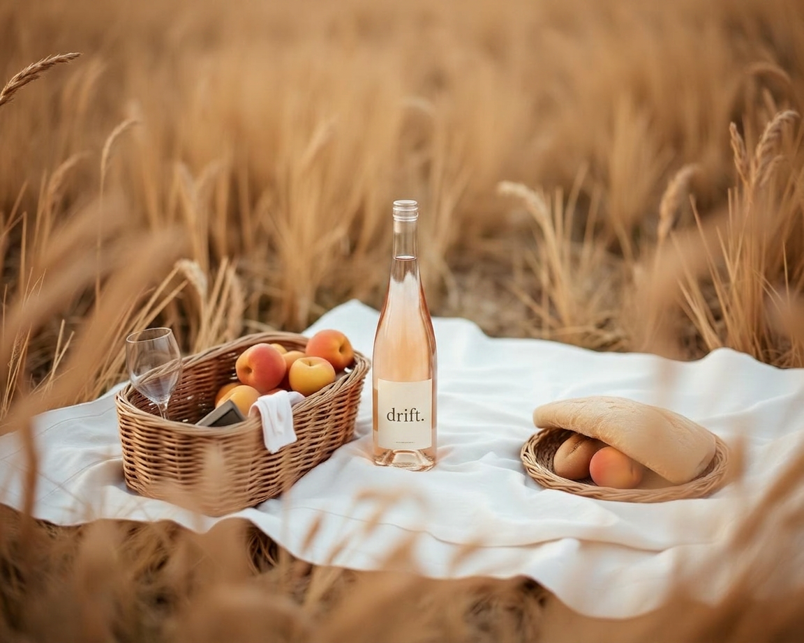 A picnic of pale rosé wine, peaches and bread on a cream linen blanket in tall grass