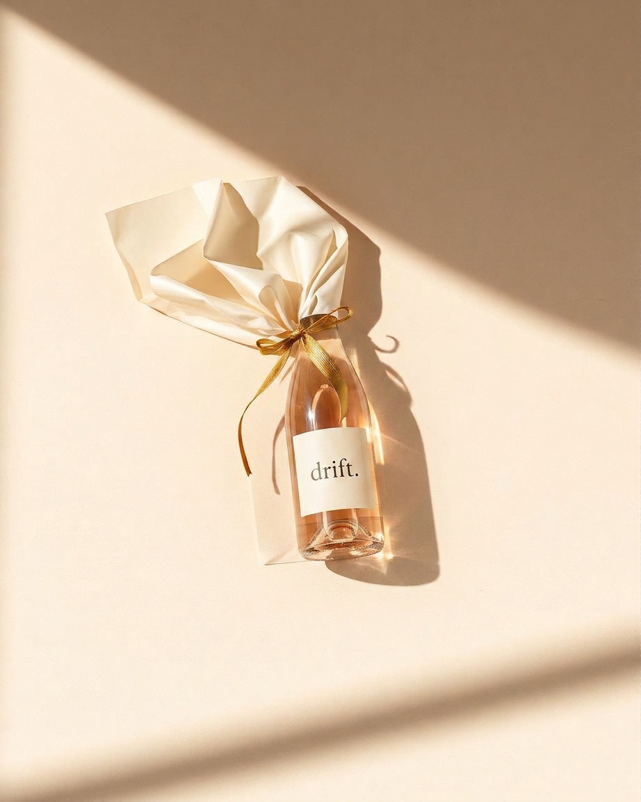 A bottle of drift. rosé wrapped loosely in cream tissue paper with a gold ribbon