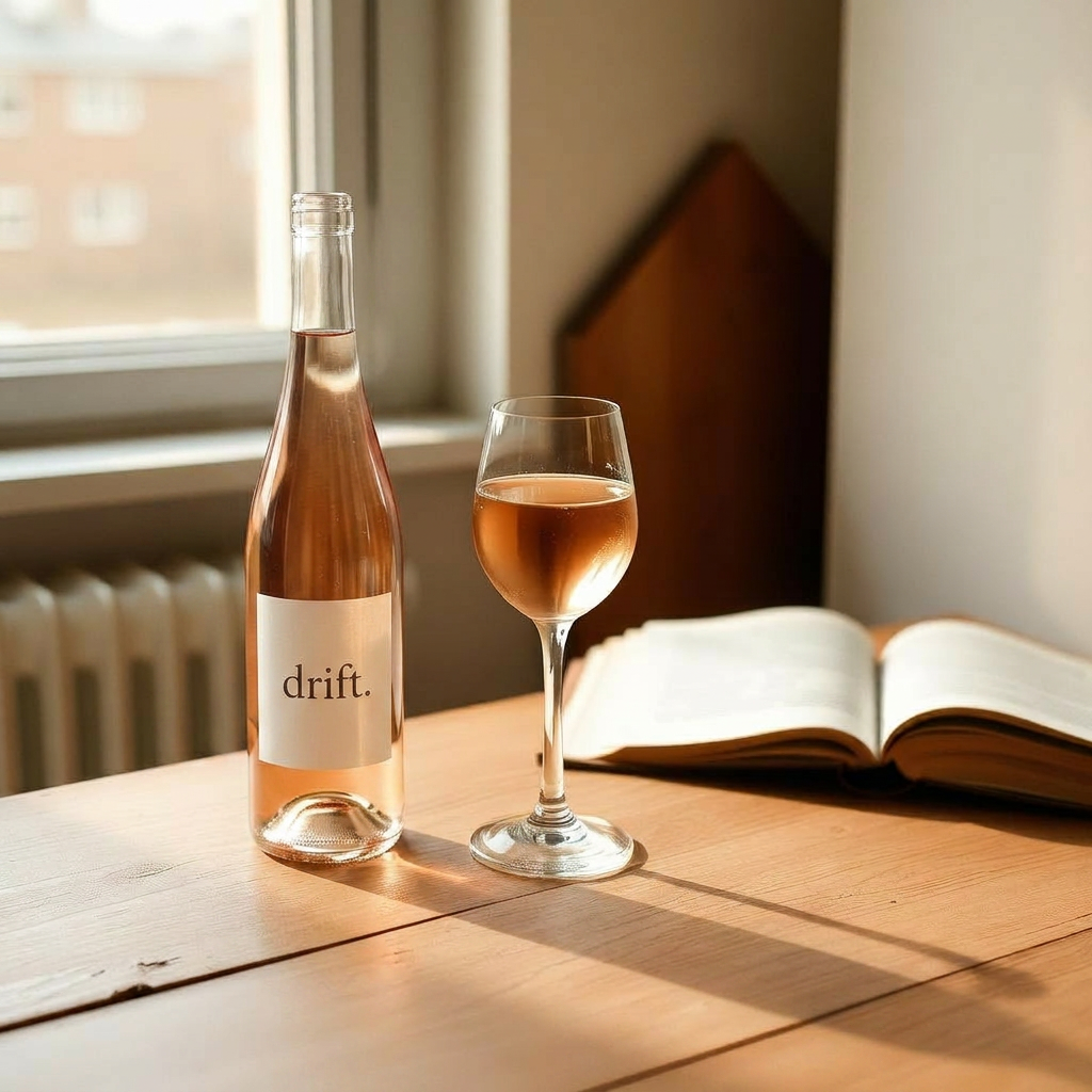 A single glass of pale rosé wine on a wooden kitchen counter beside an open book in soft window light